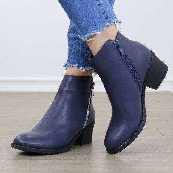 Navy Faux Leather Ankle Boots W/ Silver Zipper - Picture 2 of 7